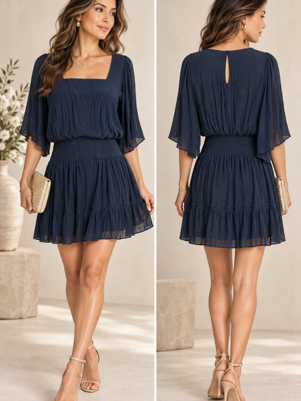 Ramy Brook Navy Square Neck Smocked Waist Mini Dress Size S